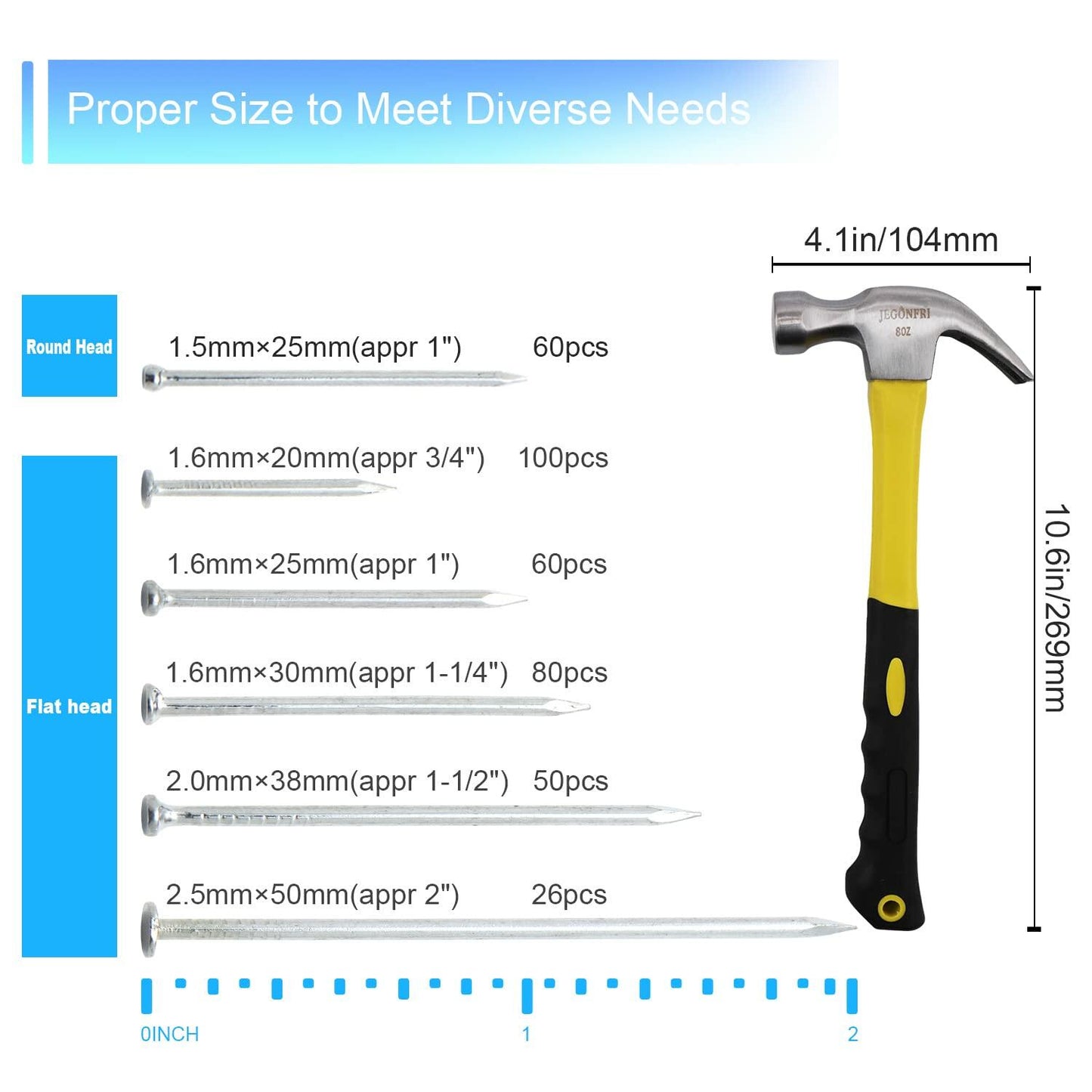 376pcs Hardware Assortment Kit with 2" Nails & 8oz Claw Hammer - Small Wood