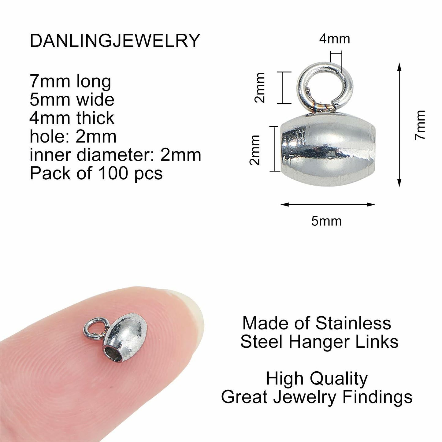 DanLingJewelry 100Pcs Stainless Steel Oval Bail Beads Silver 7x5x4mm Hole 2mm