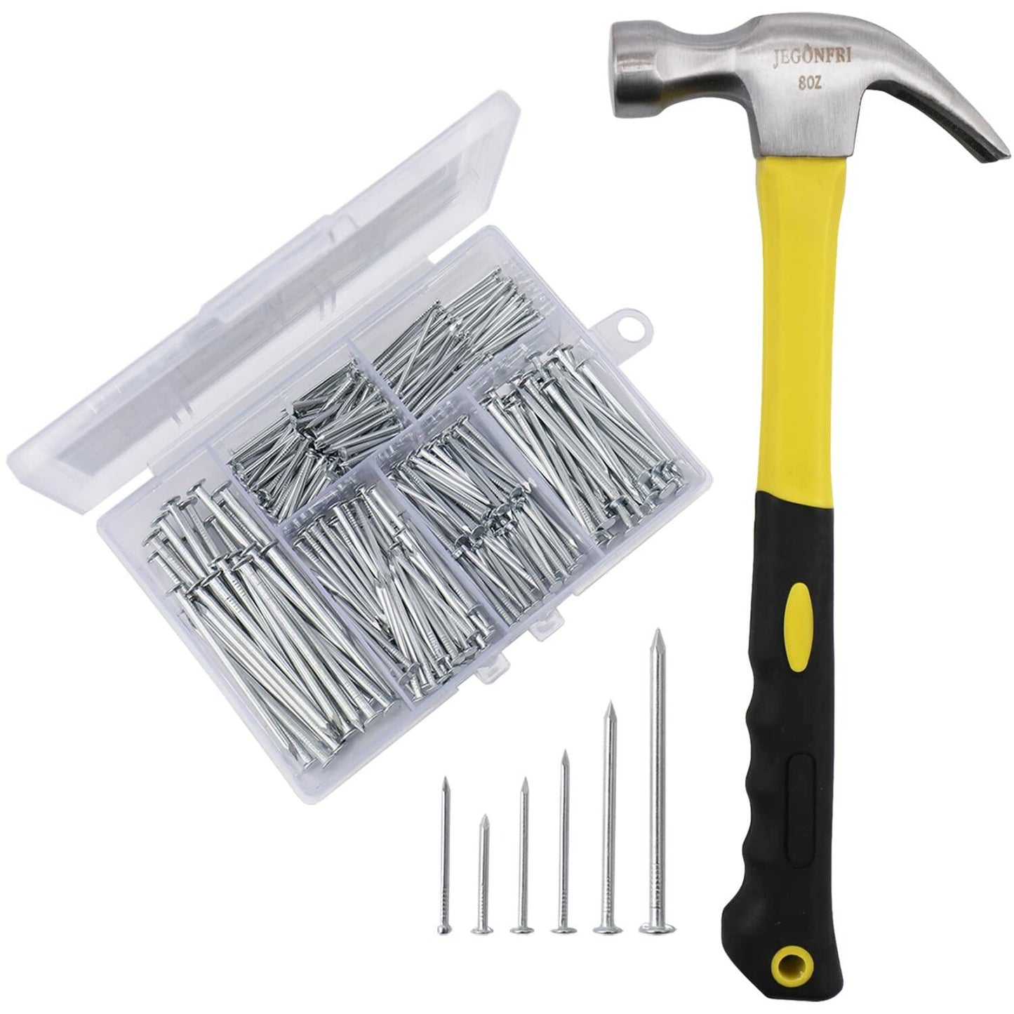 376pcs Hardware Assortment Kit with 2" Nails & 8oz Claw Hammer - Small Wood