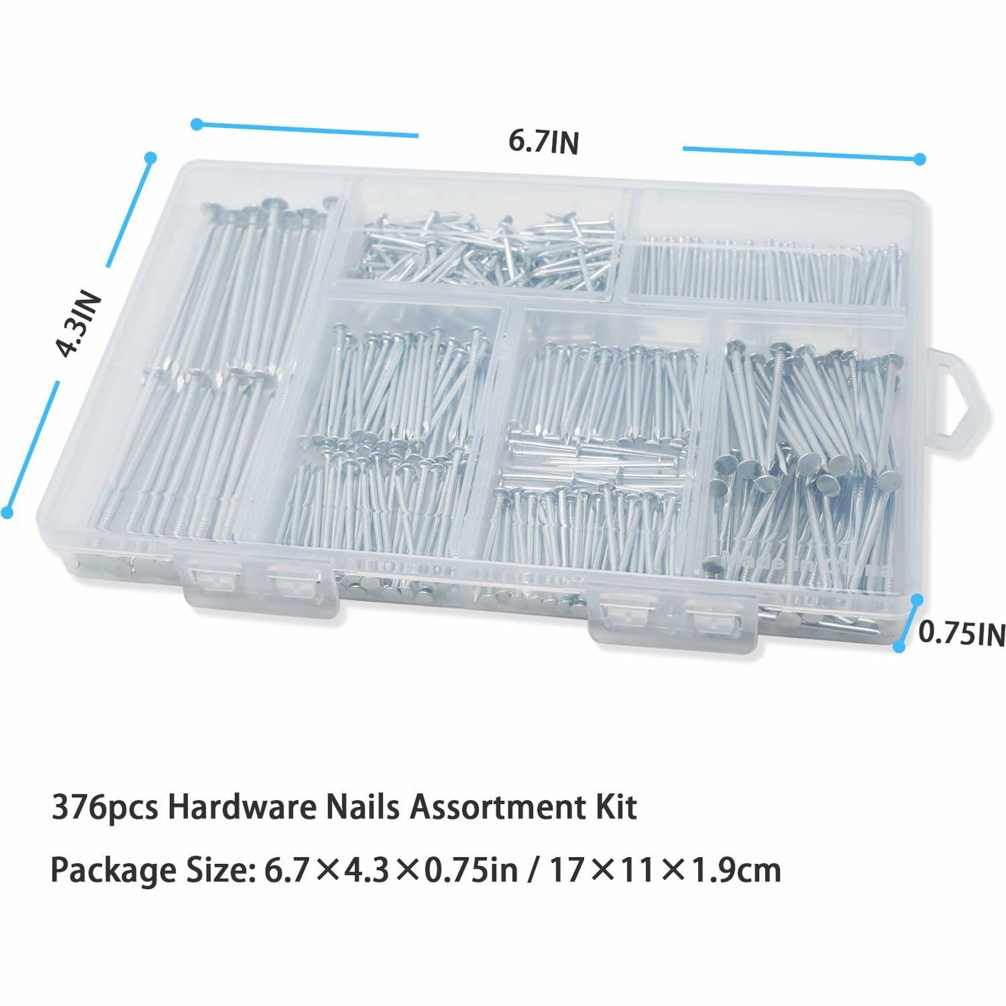 376pcs Premium Hardware Nails Assortment Kit Galvanized 2" Max Length With Box