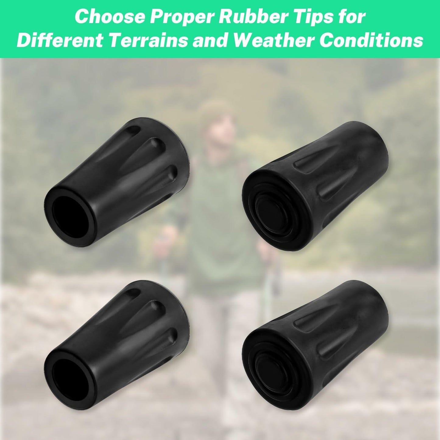 4Pcs Black Rubber Feet Hiking Pole Tips Replacement - Shock Absorbing Grip