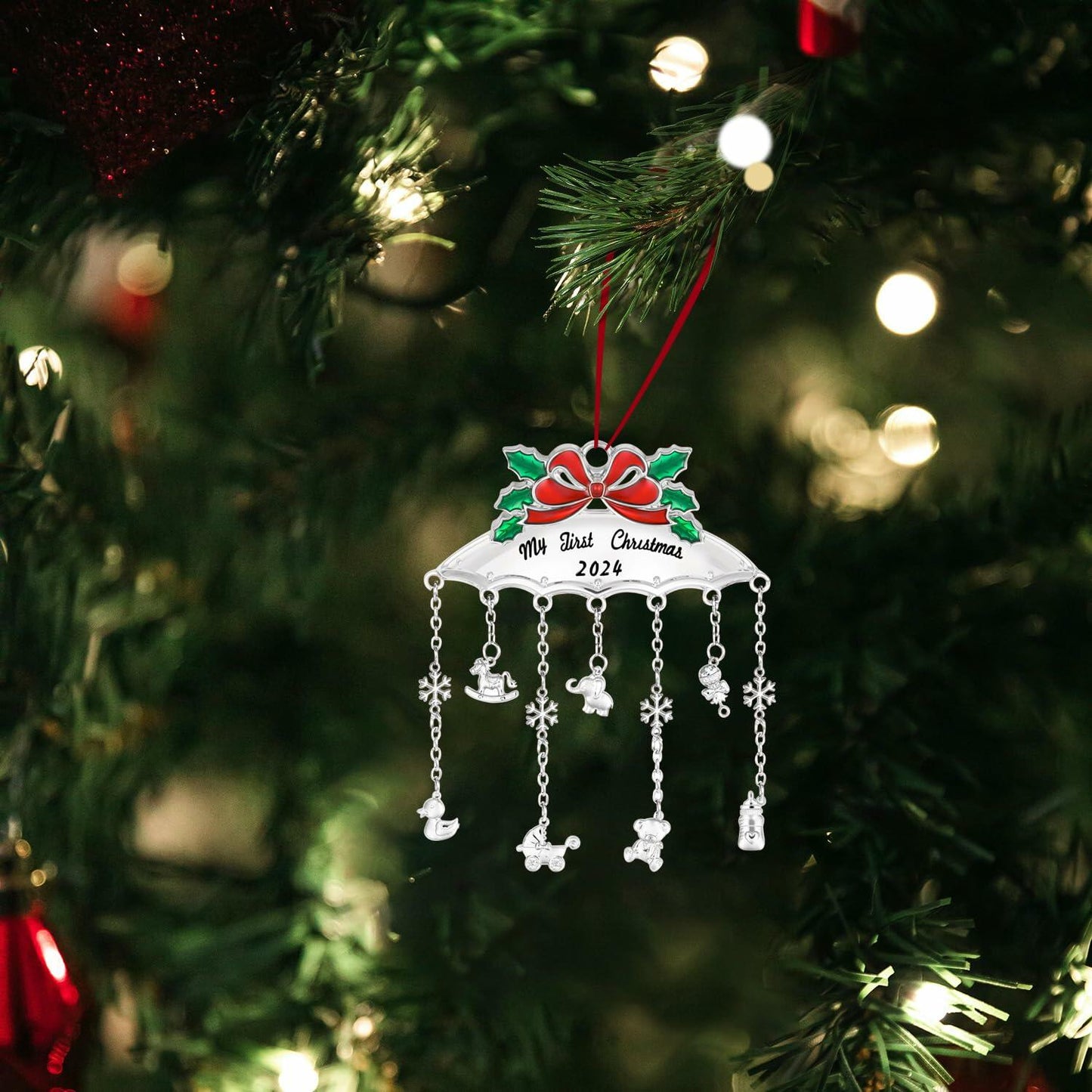 My First Christmas Ornament 2024 Baby Mobile Silver Newborn Keepsake with Ribbon