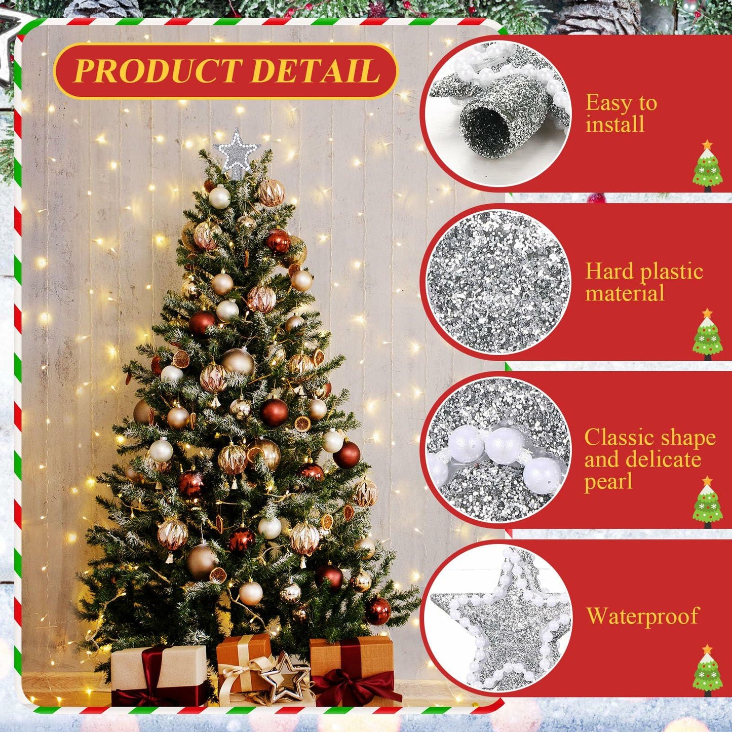 Hollowfly Mini Star Christmas Tree Topper Silver Pearl Decoration 2 Inch