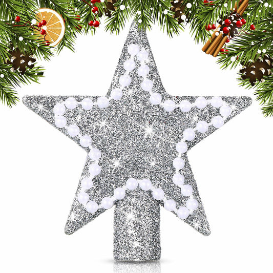 Hollowfly Mini Star Christmas Tree Topper Silver Pearl Decoration 2 Inch