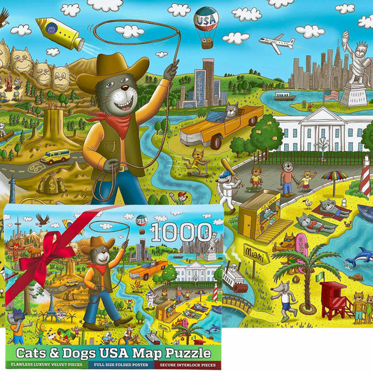 GERJATO Cats & Dogs USA Map Puzzle 1000pc with Poster & Saver Sheets