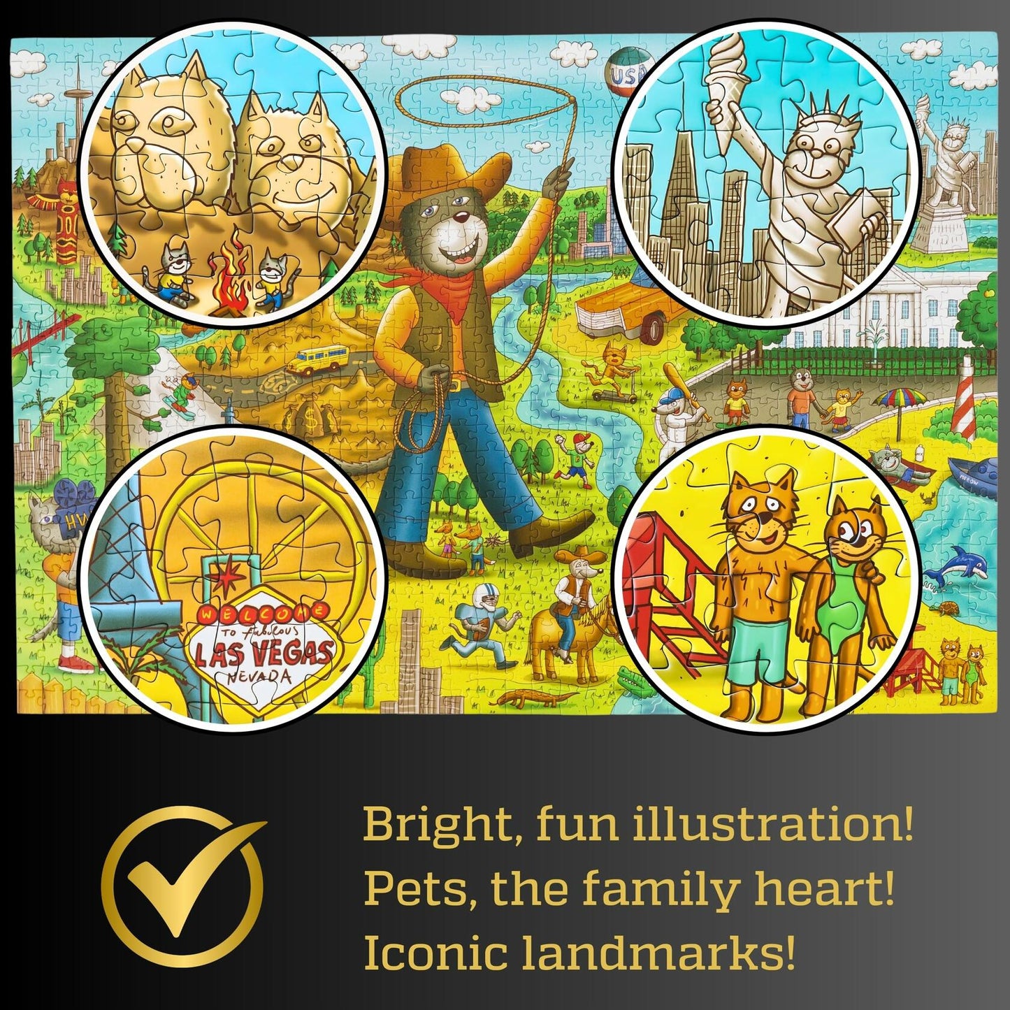 GERJATO Cats & Dogs USA Map Puzzle 1000pc with Poster & Saver Sheets