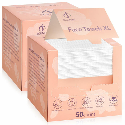 SCUNDA Disposable Face Towelettes 50 Count 10x10 Biodegradable Soft Thick Wipes