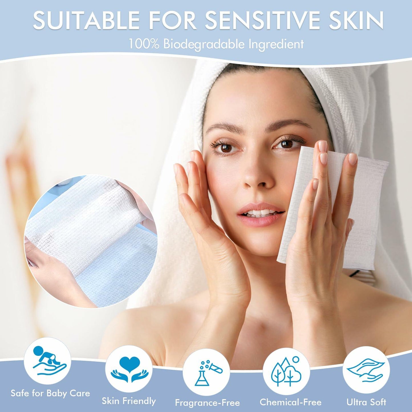 SCUNDA Disposable Face Towelettes 50 Count 10x10 Biodegradable Soft Thick Wipes