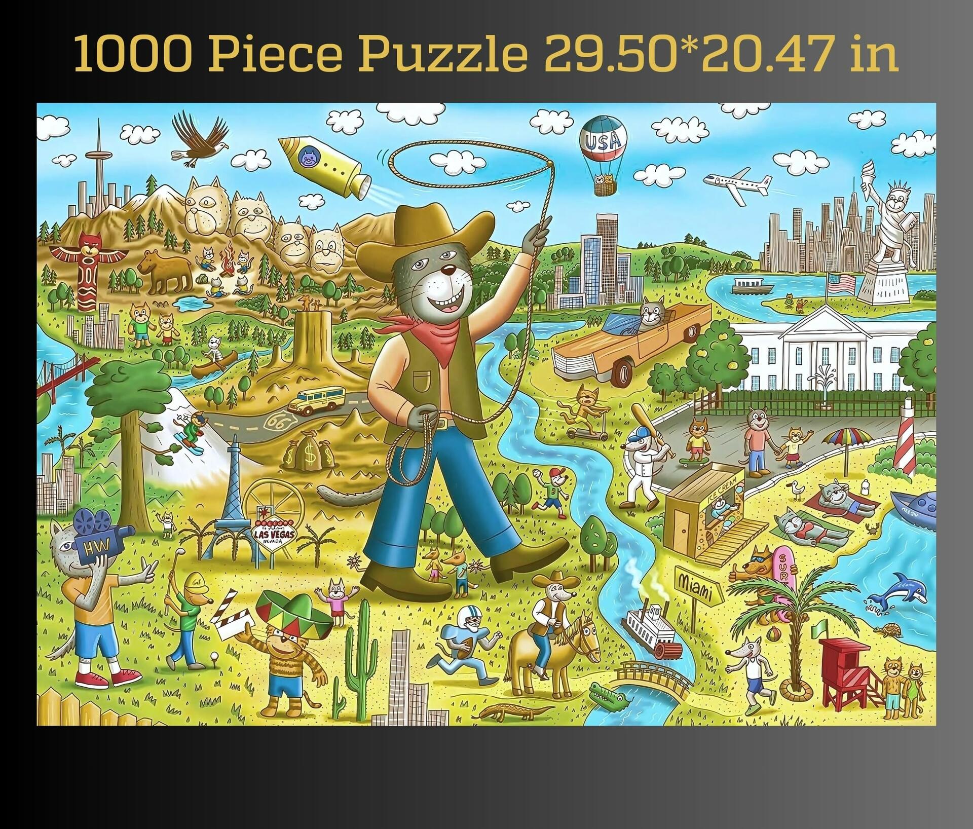 GERJATO Cats & Dogs USA Map Puzzle 1000pc with Poster & Saver Sheets