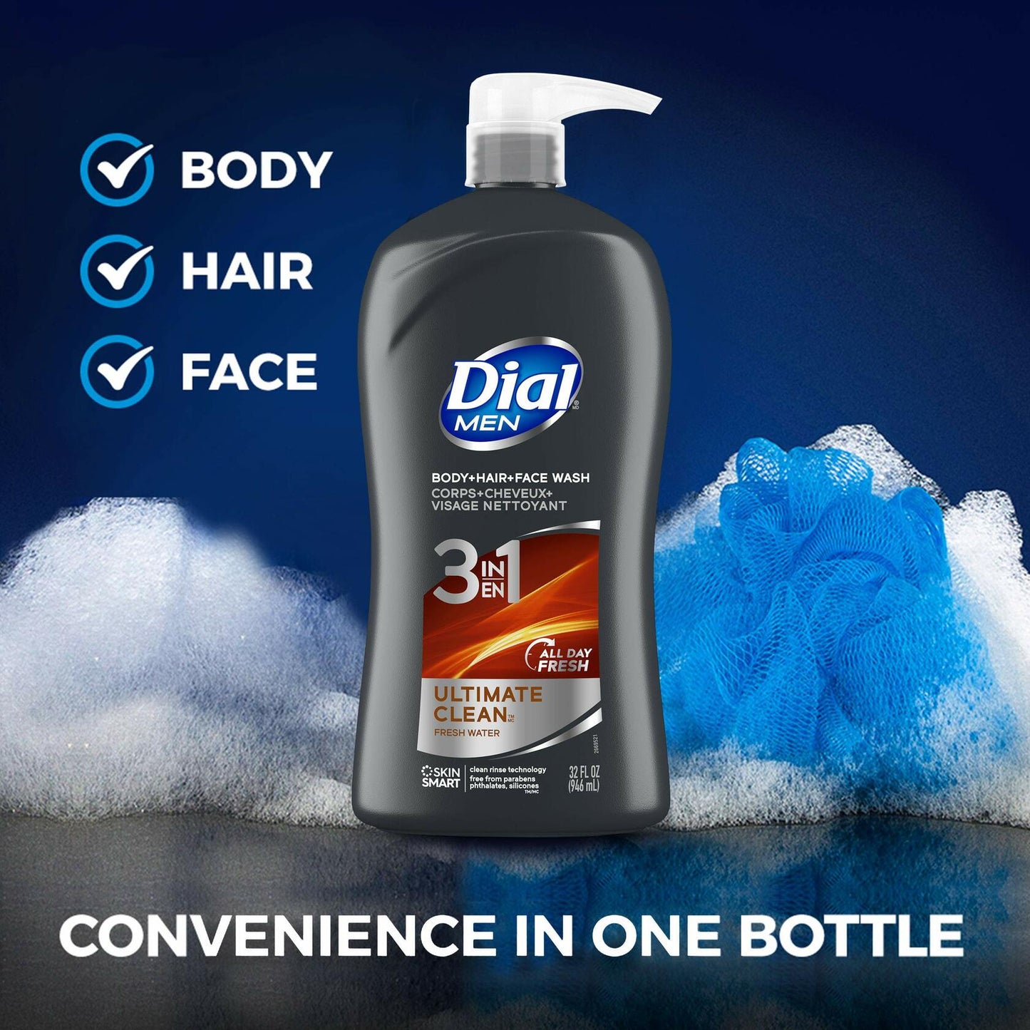 Dial Men 3in1 Body Hair Face Wash Ultimate Clean 32 Fl Oz New