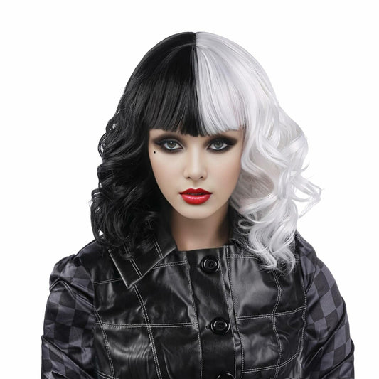 MUPUL Black And White Short Curly Wig with Bangs Halloween Costume Wig