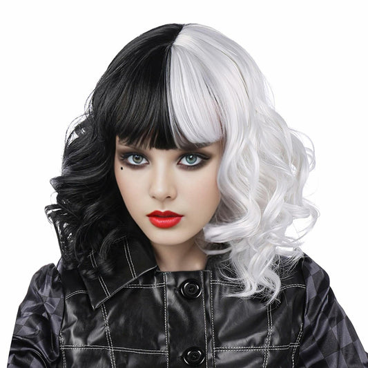 MUPUL Black And White Short Curly Wig with Bangs Halloween Costume Wig