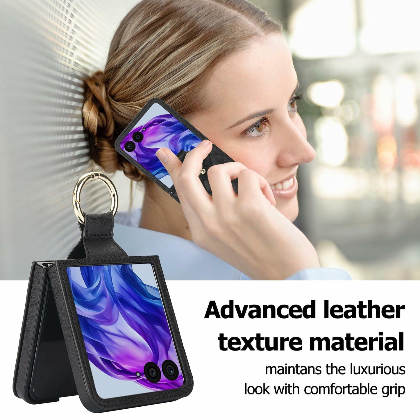 XNXCEVI Motorola Razr+ 2024 Leather Case with Ring Black Premium Shockproof