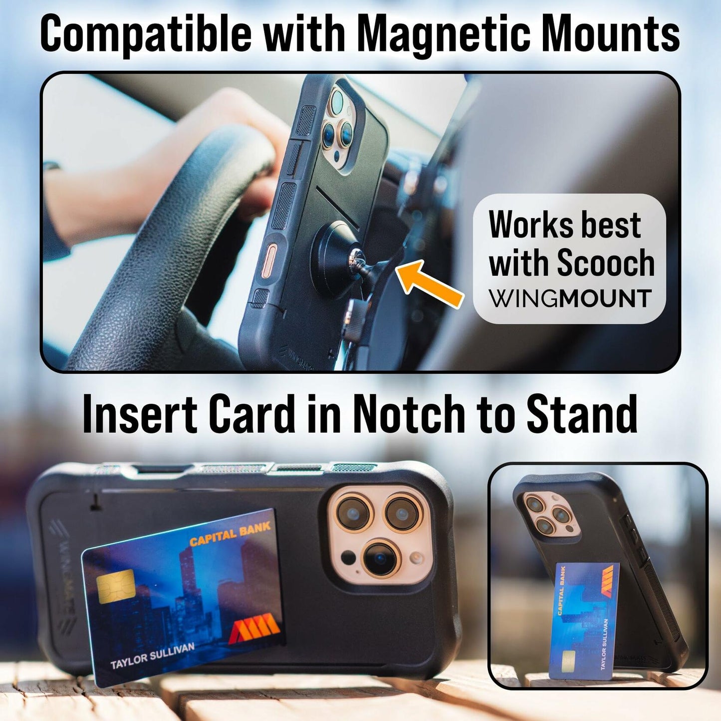 Scooch iPhone 16 Pro Case Wingmate Wallet Black RFID Protection 10-Foot Drop