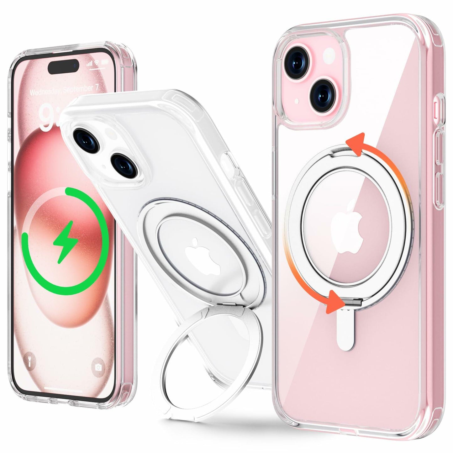 JASBON iPhone 15 Case 6.1 Clear Magnetic Kickstand 360° Rotatable Shockproof