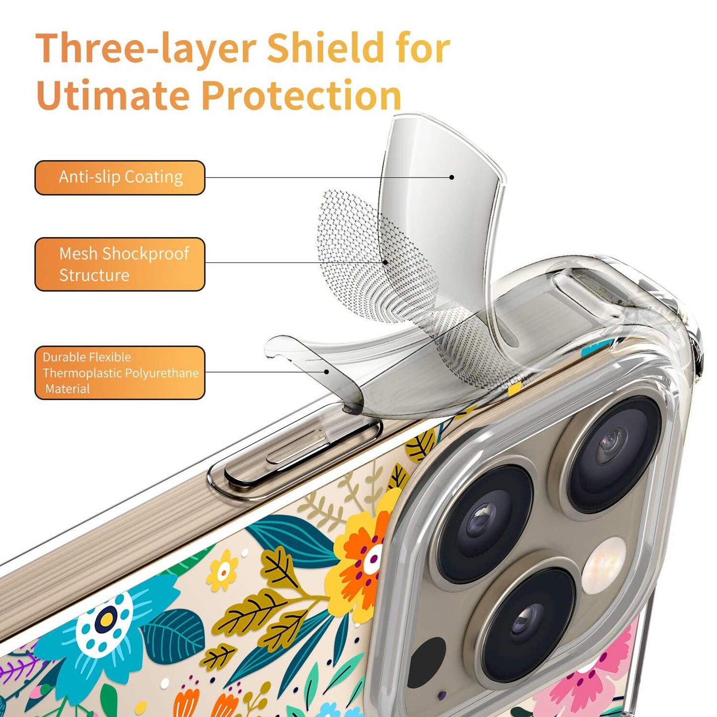 ilnehc iPhone 16 Pro Case 3-in-1 Clear Floral Soft Shockproof 6.3 Colorful