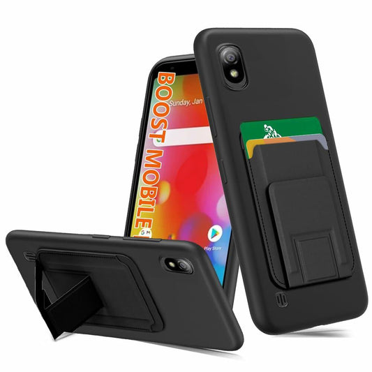 Boost Mobile Bounce 4G SL201D Case with Tempered Glass Kickstand Wallet Black