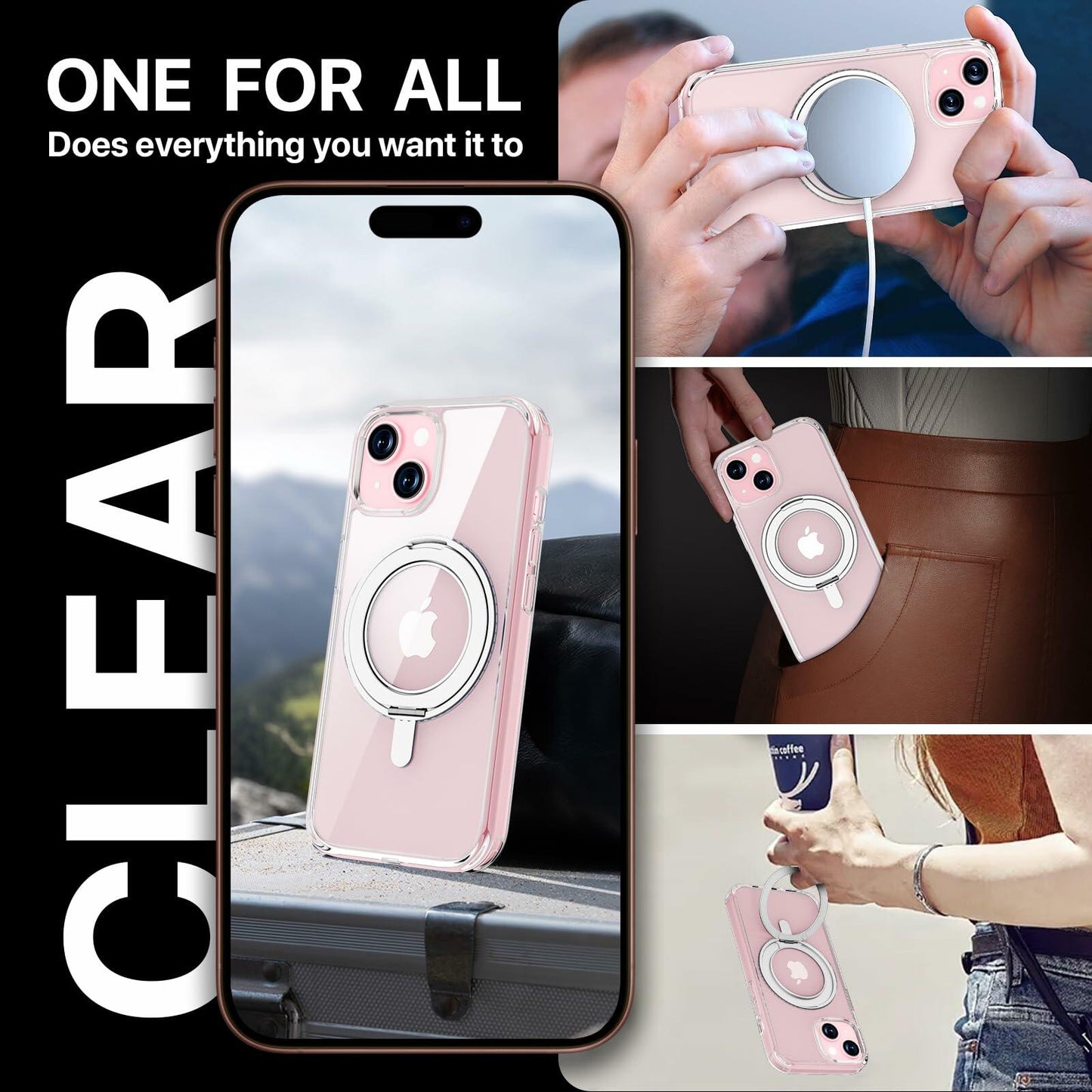JASBON iPhone 15 Case 6.1 Clear Magnetic Kickstand 360° Rotatable Shockproof