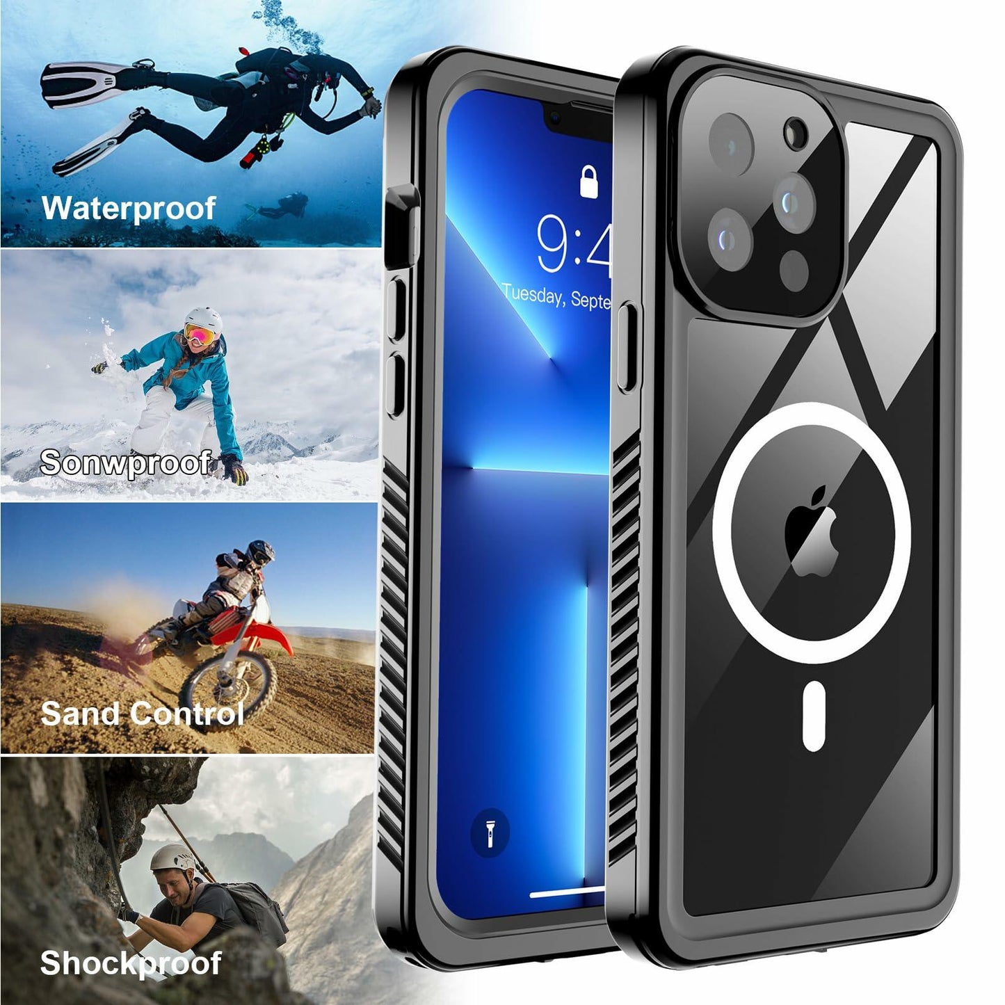 SUPFINE iPhone 13 Pro Max Case Black Clear Waterproof Shockproof Full Body