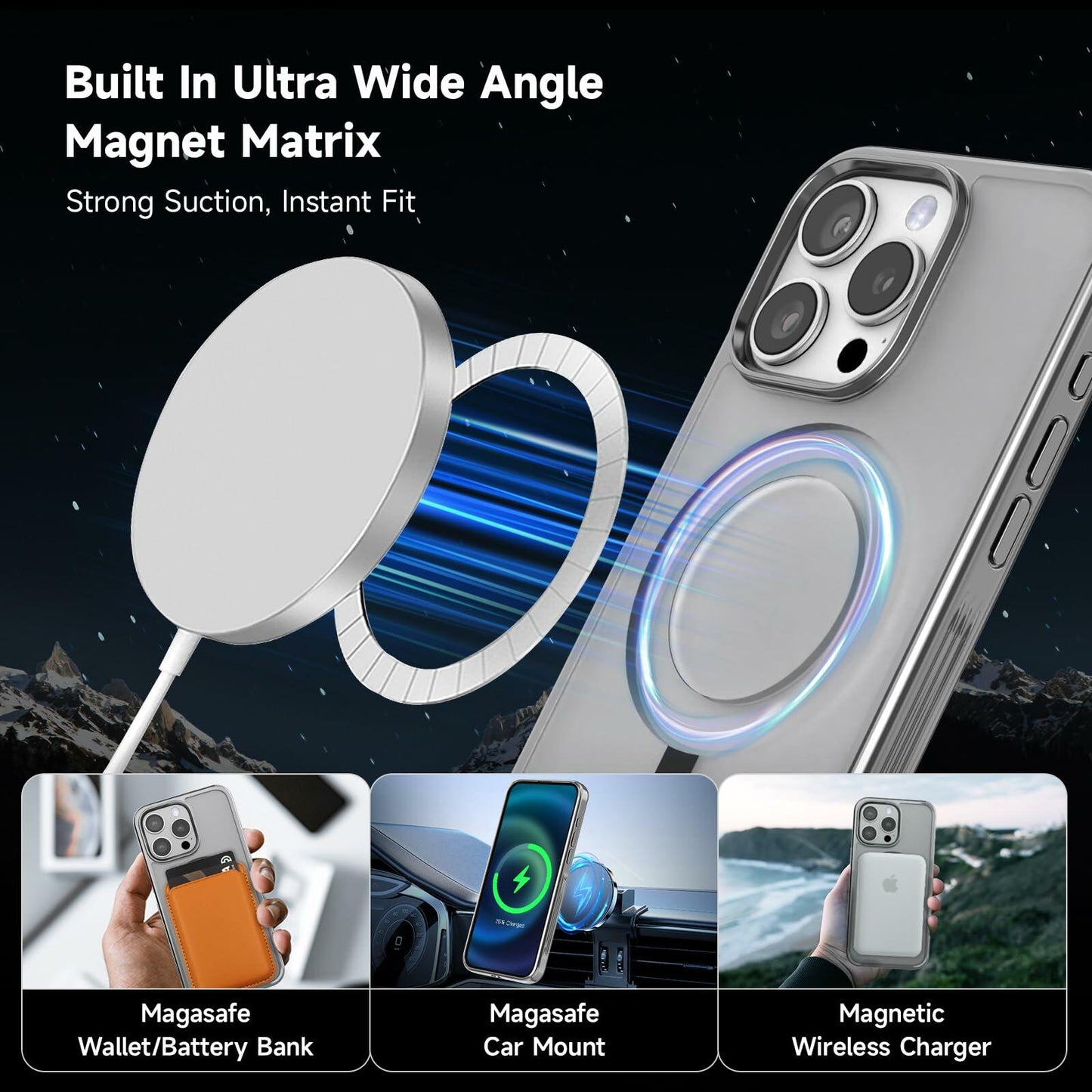 Vongong iPhone 16 Pro Max Gray Magnetic Case Drop-Proof with 360° Ring Stand