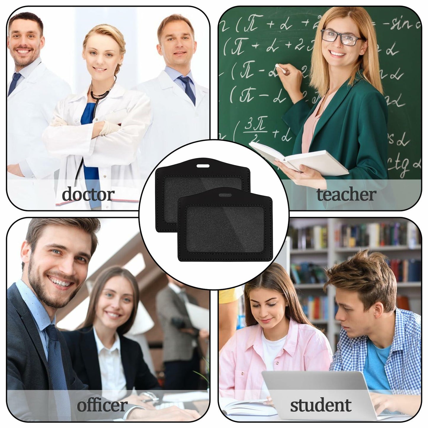 2 Pcs Genuine Leather Horizontal ID Badge Holders Clear Waterproof Black Gray