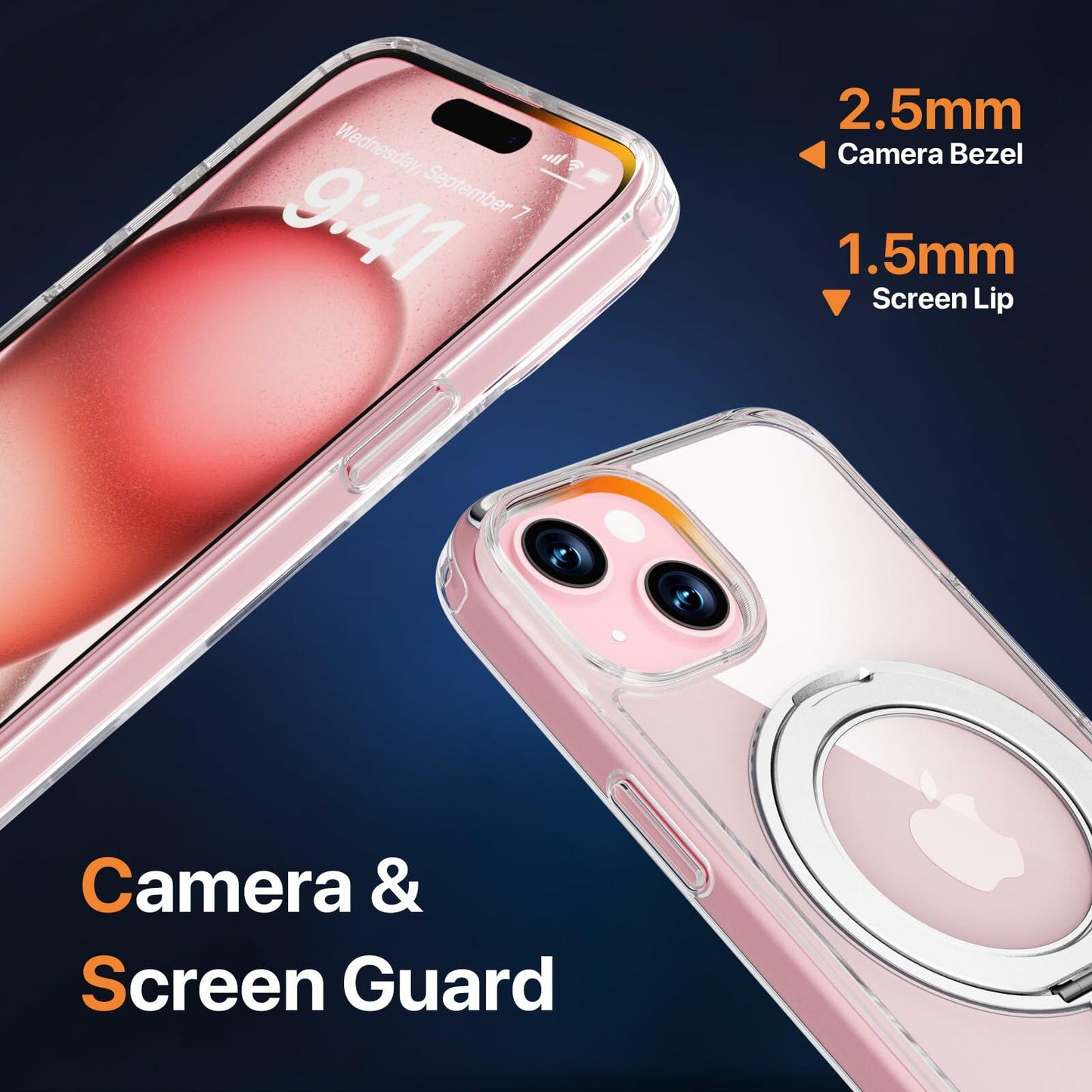 JASBON iPhone 15 Case 6.1 Clear Magnetic Kickstand 360° Rotatable Shockproof