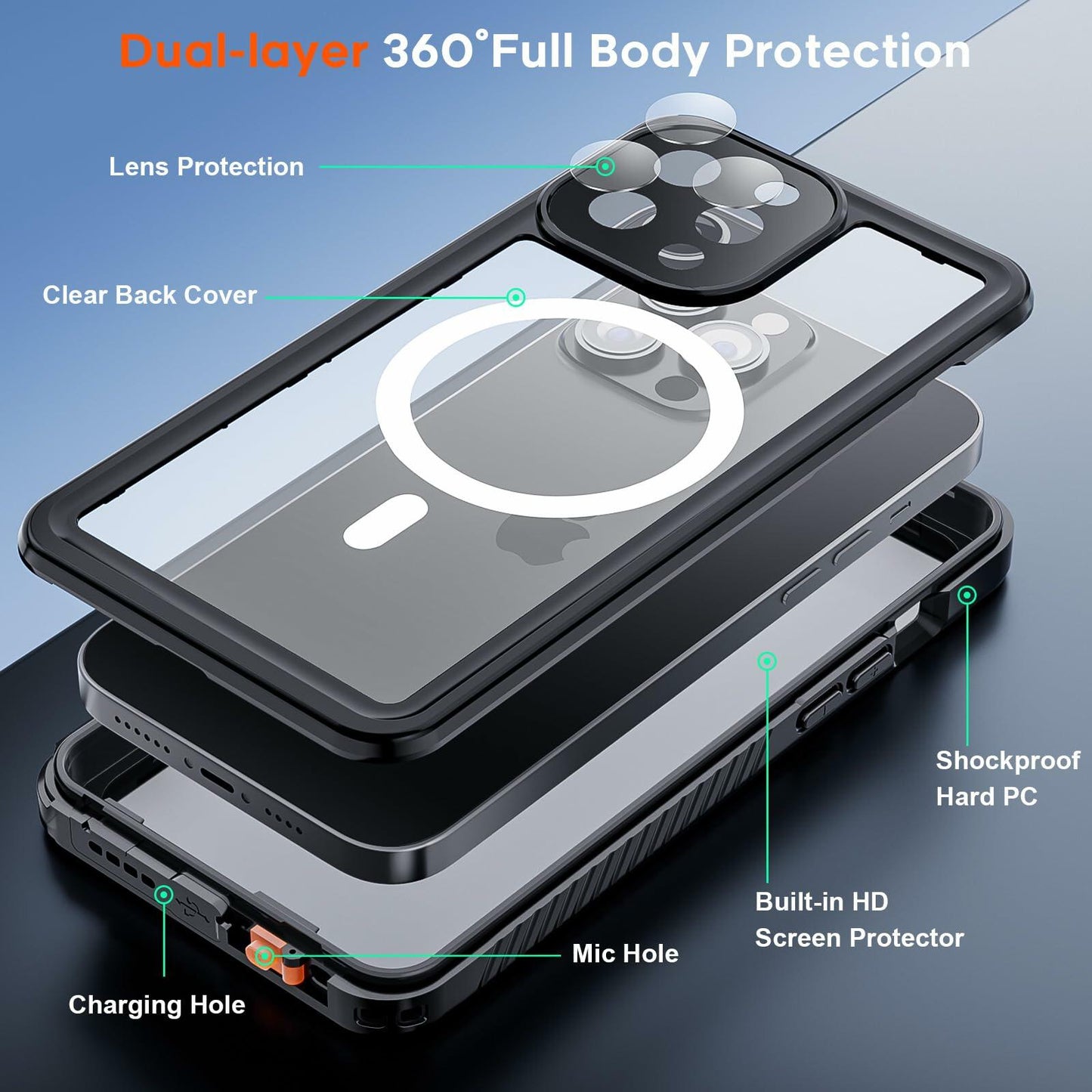 SUPFINE iPhone 13 Pro Max Case Black Clear Waterproof Shockproof Full Body