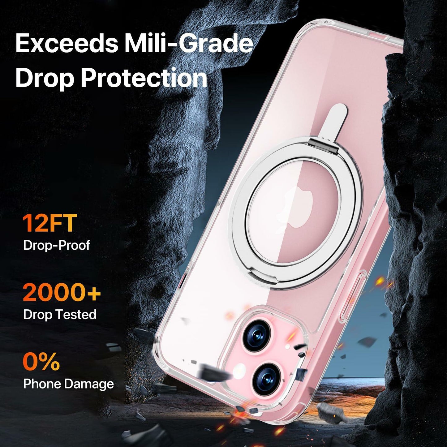 JASBON iPhone 15 Case 6.1 Clear Magnetic Kickstand 360° Rotatable Shockproof