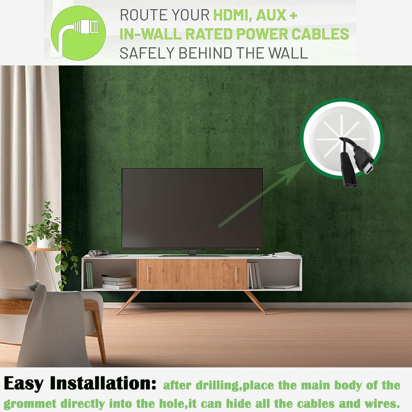 Cord Hider Kit, 2-3/8" Wall TV Cable Management with Drill Attachment