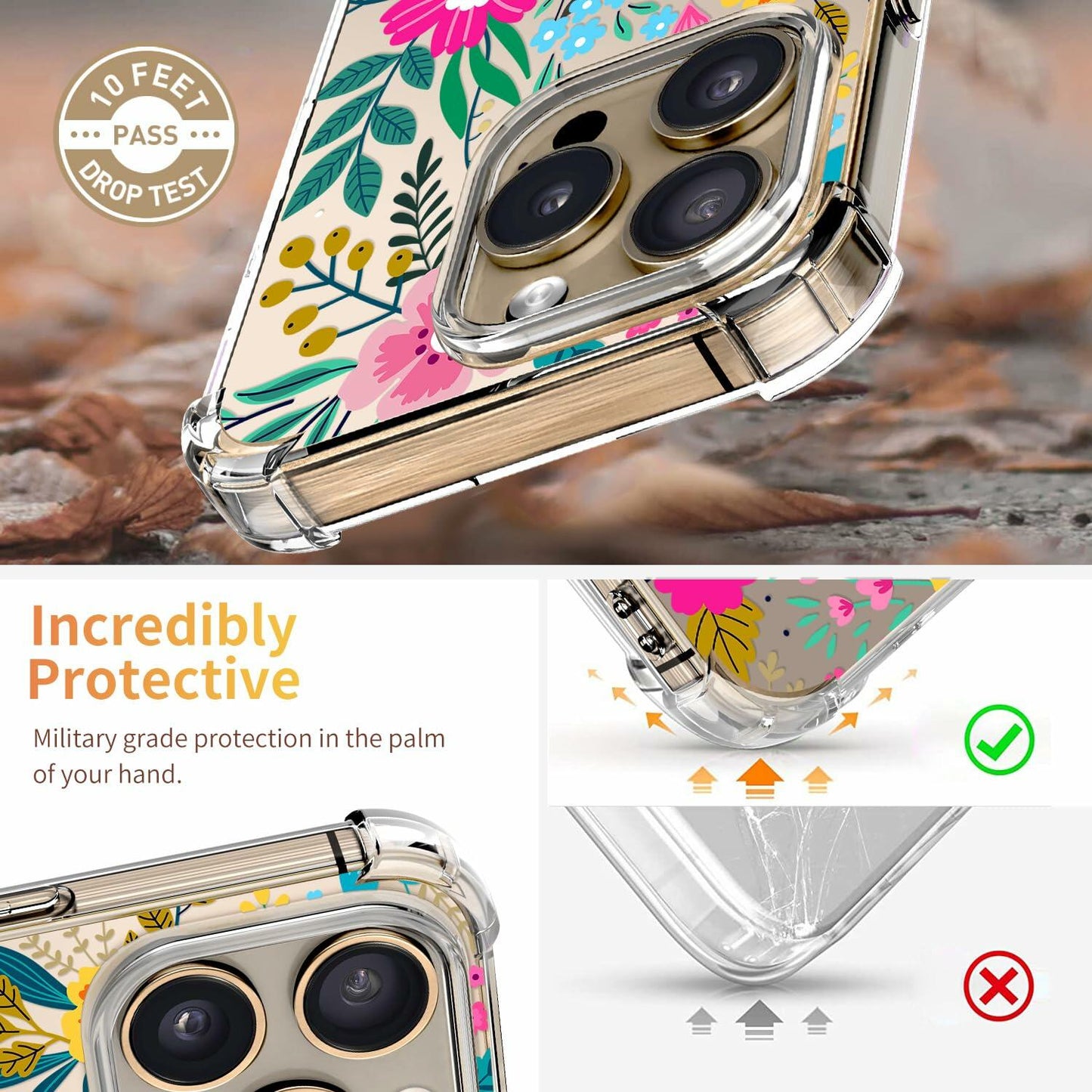 ilnehc iPhone 16 Pro Case 3-in-1 Clear Floral Soft Shockproof 6.3 Colorful