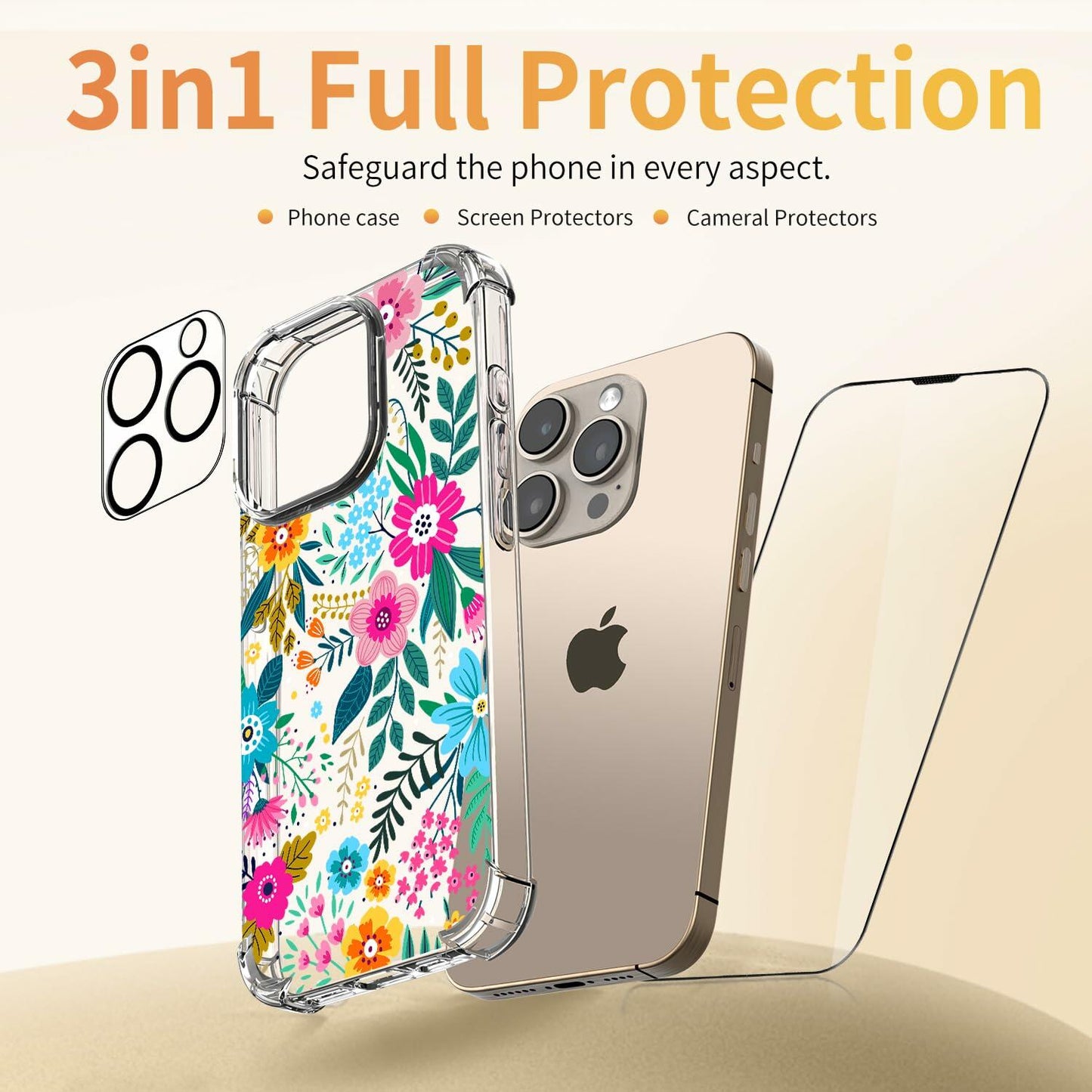 ilnehc iPhone 16 Pro Case 3-in-1 Clear Floral Soft Shockproof 6.3 Colorful