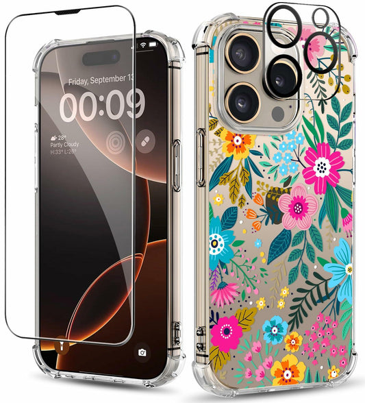 ilnehc iPhone 16 Pro Case 3-in-1 Clear Floral Soft Shockproof 6.3 Colorful