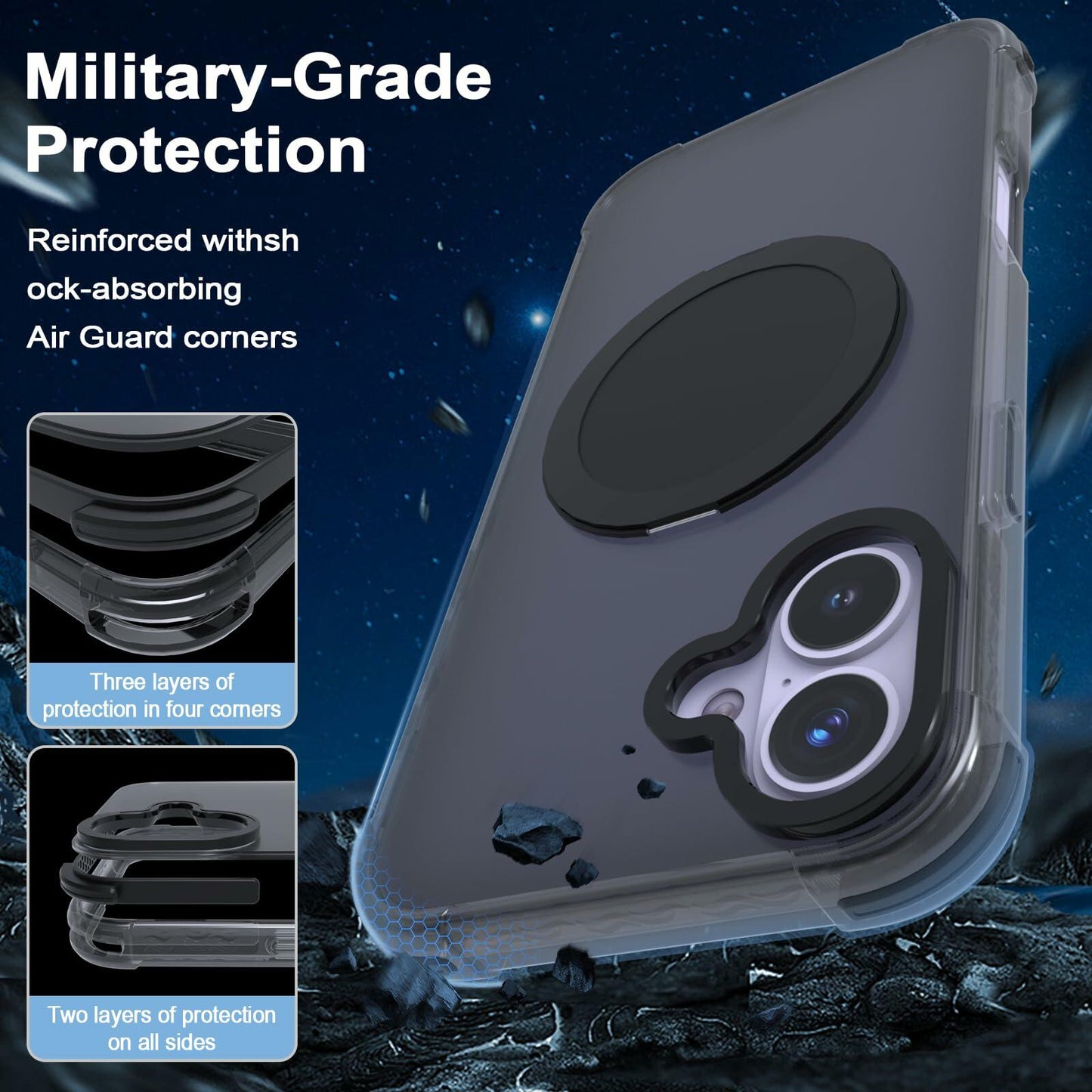 FUGTBLESS iPhone 16 Case 6.1" Translucent Magnetic O-Ring 360° Stand