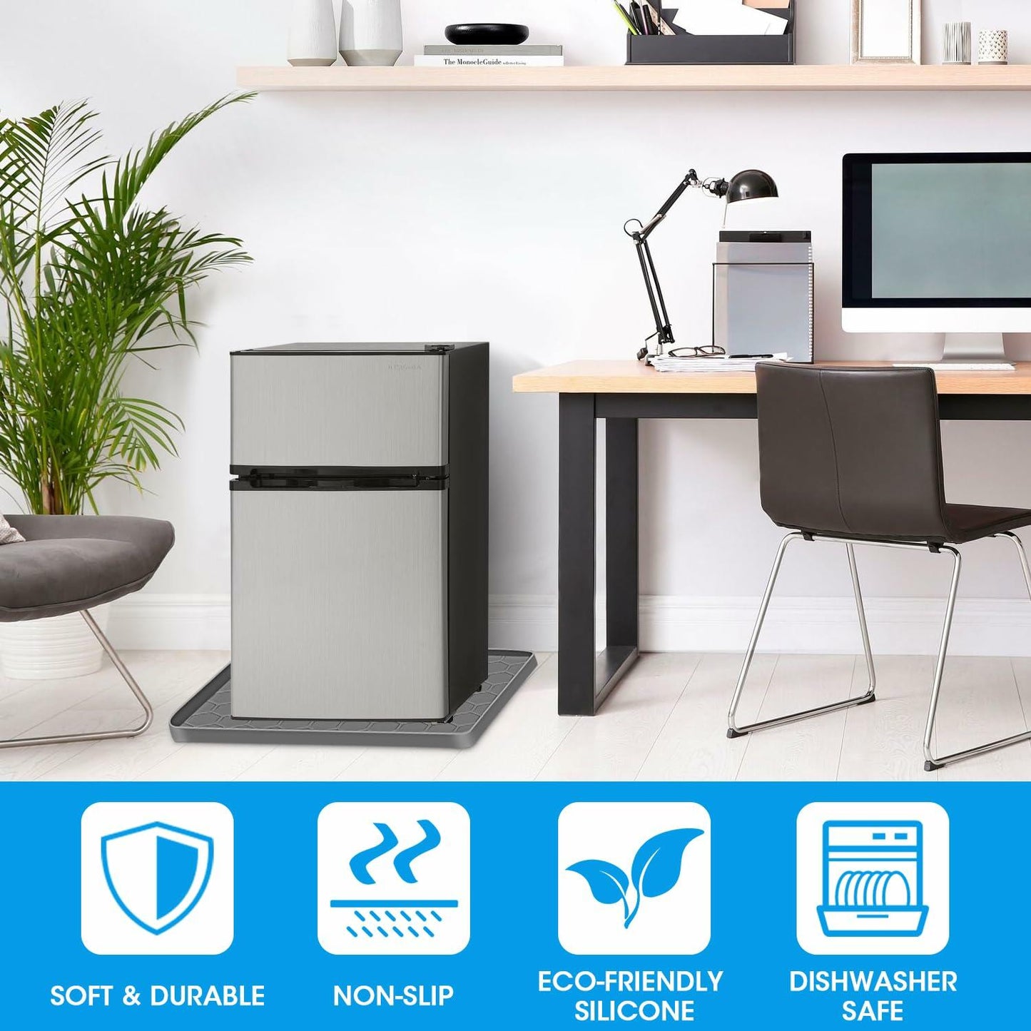 Winceed 23" Mini Fridge Silicone Mat Grey with Raised Edge & 4 Base Raisers