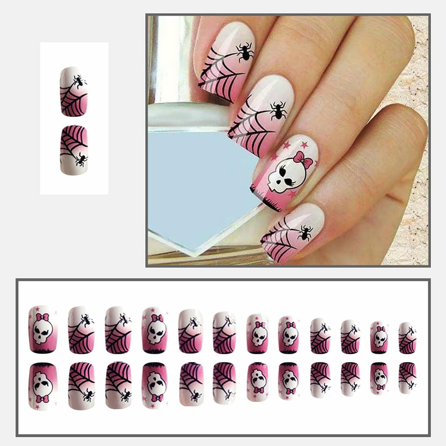 RIICFDD Halloween Spider Web Kawaii Skull Pink Gradient Short Square Nails 24