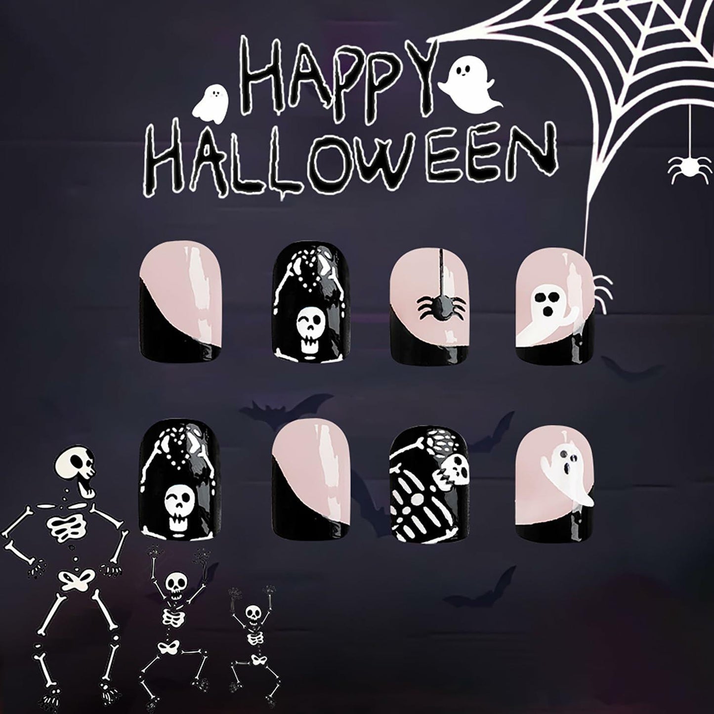 24Pcs French Tip Press On Nails Short Square Ghost Spider Halloween Design