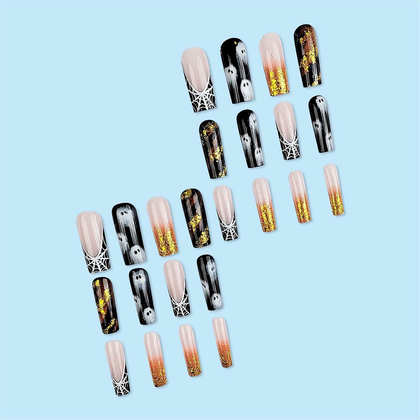 24 Pcs Halloween French Tip Press On Nails Long Coffin Design Ghost Spider