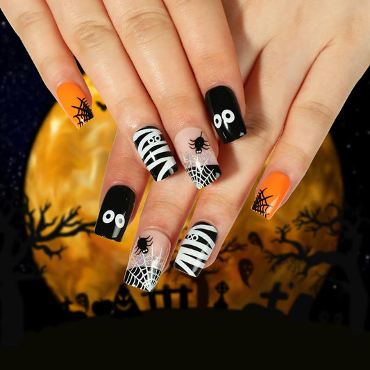 24Pcs Square Medium Press On Nails Halloween Spider Web Design False Nails