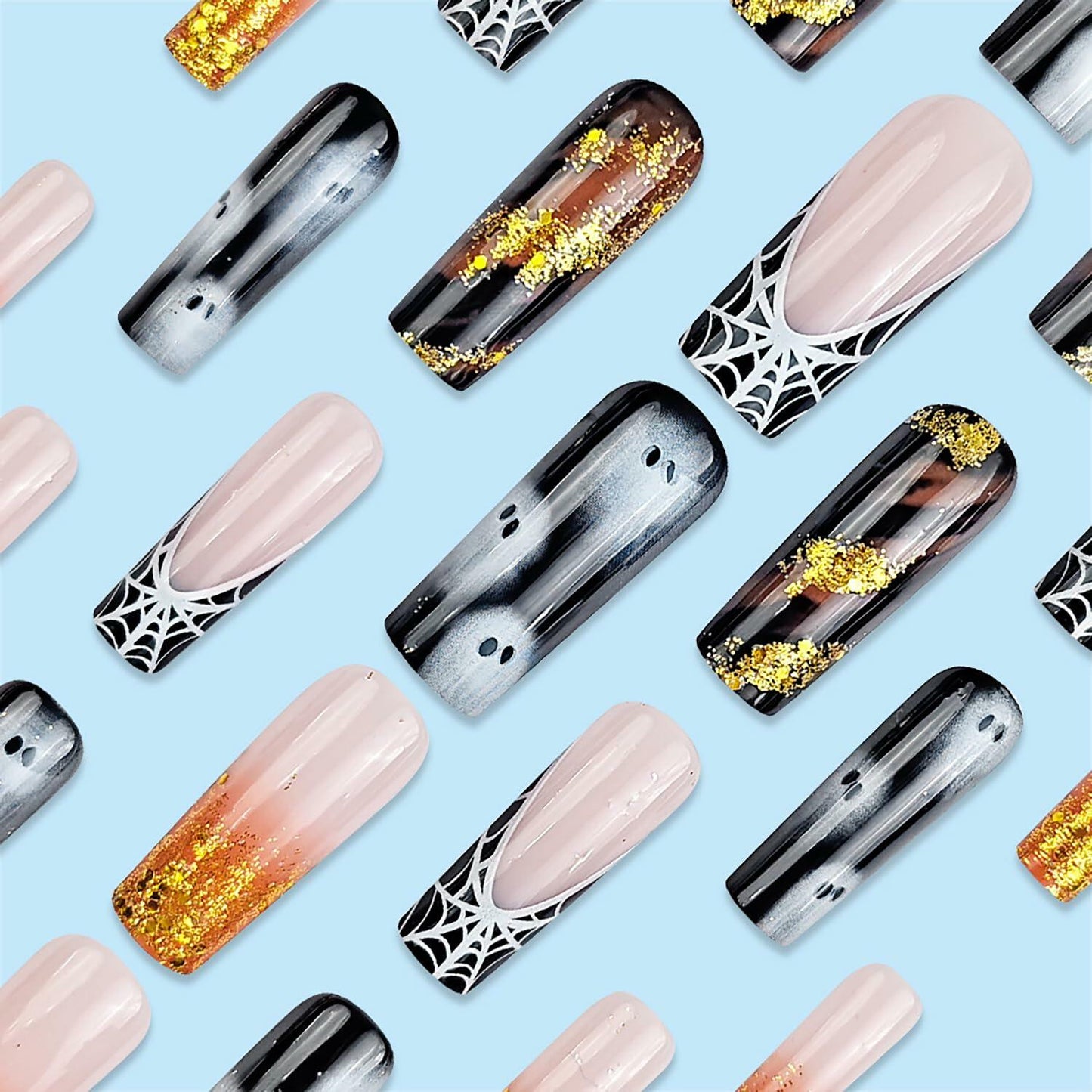 24 Pcs Halloween French Tip Press On Nails Long Coffin Design Ghost Spider