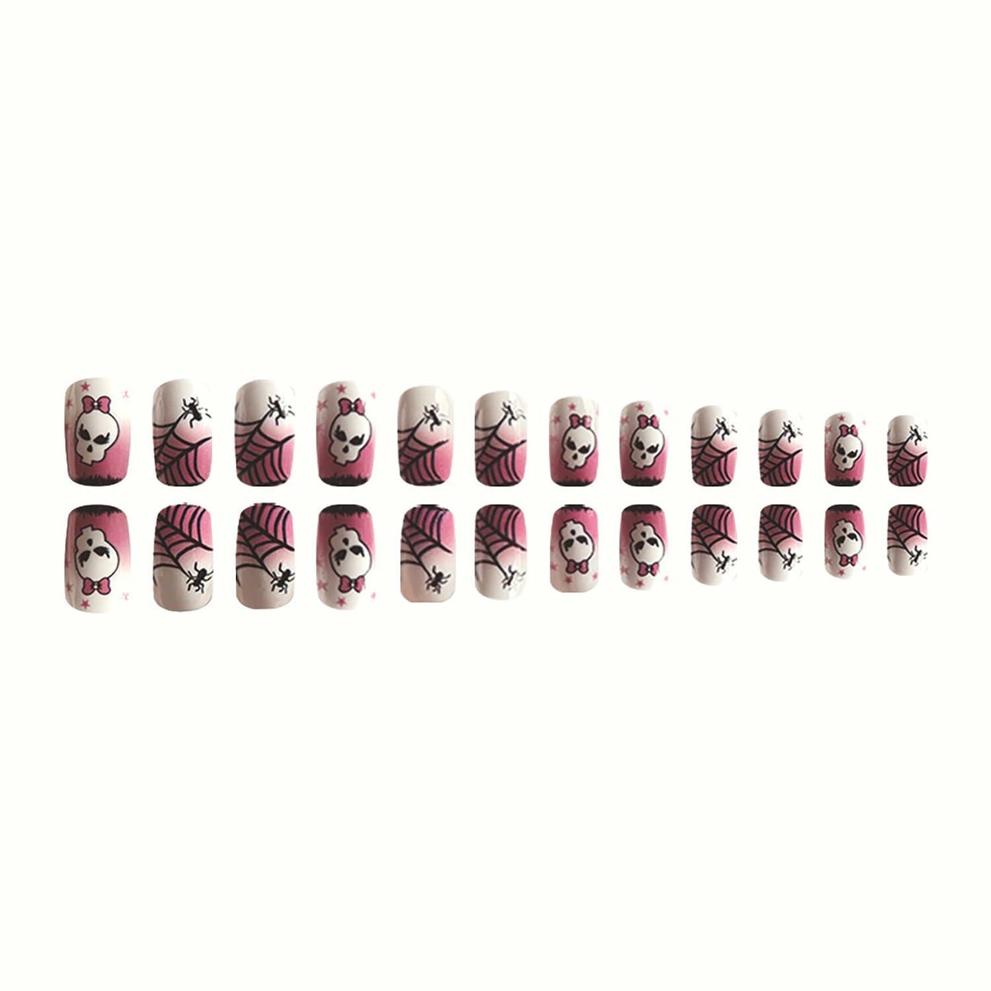 RIICFDD Halloween Spider Web Kawaii Skull Pink Gradient Short Square Nails 24