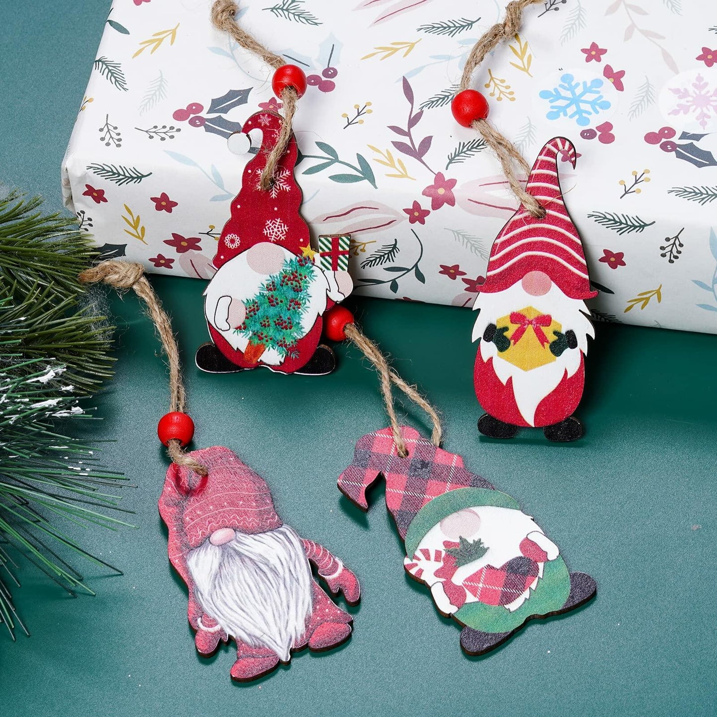 Sucrain 24pcs Christmas Gnome Wooden Ornaments Set Holiday Hanging Decor
