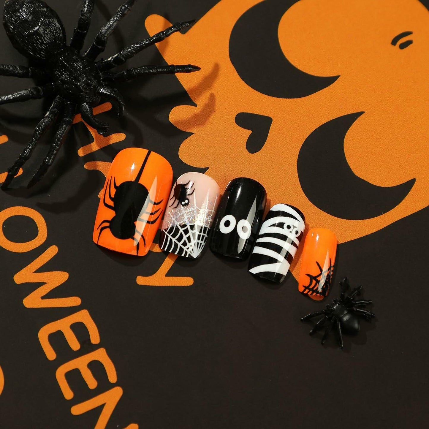 24Pcs Square Medium Press On Nails Halloween Spider Web Design False Nails