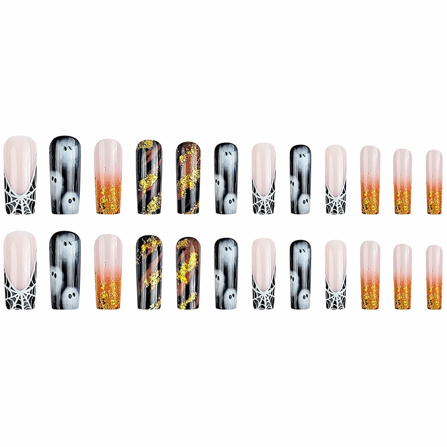 24 Pcs Halloween French Tip Press On Nails Long Coffin Design Ghost Spider
