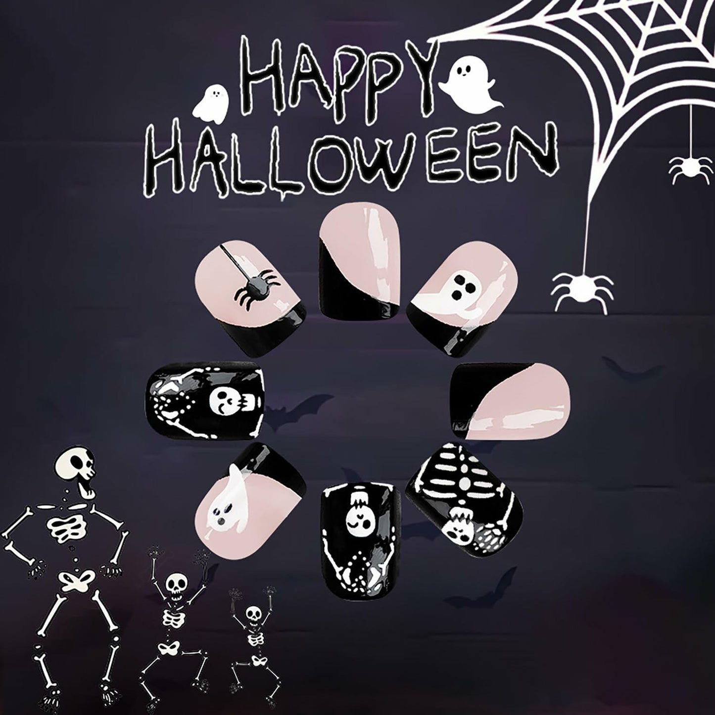24Pcs French Tip Press On Nails Short Square Ghost Spider Halloween Design