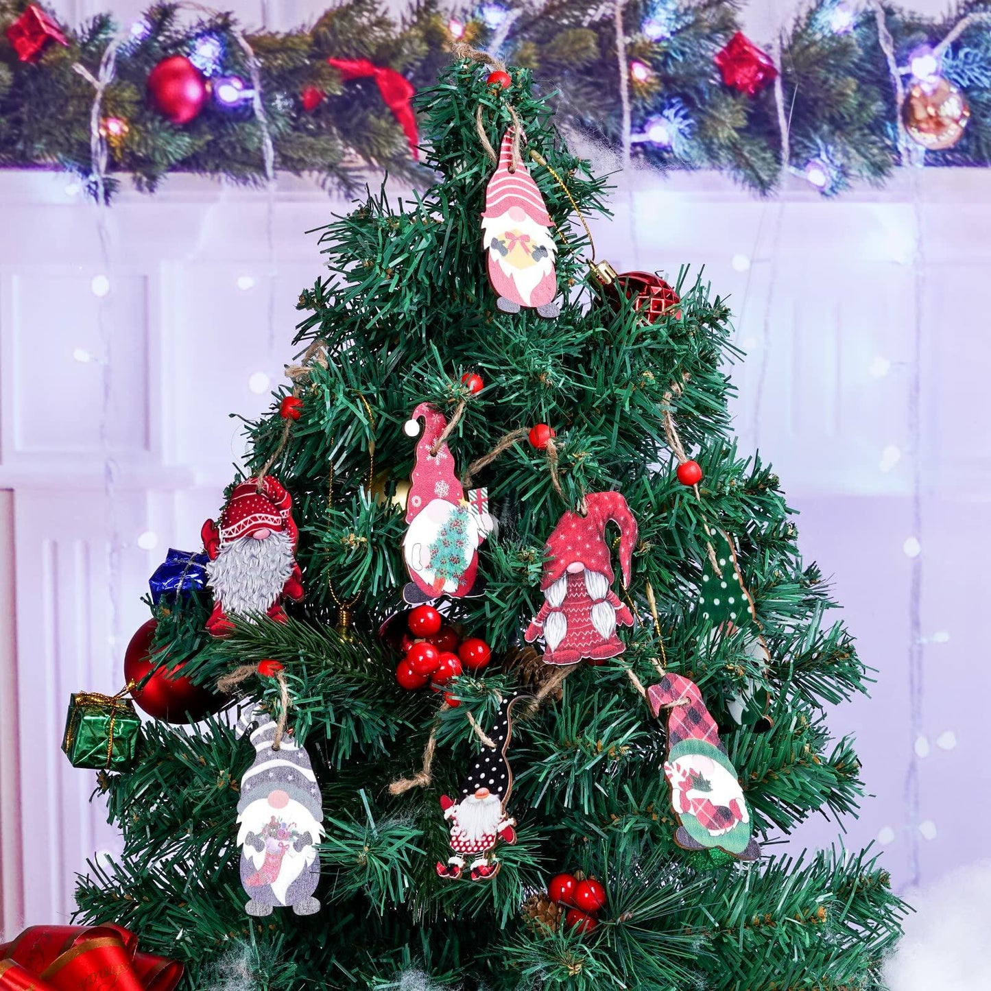 Sucrain 24pcs Christmas Gnome Wooden Ornaments Set Holiday Hanging Decor