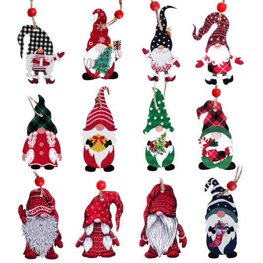 Sucrain 24pcs Christmas Gnome Wooden Ornaments Set Holiday Hanging Decor