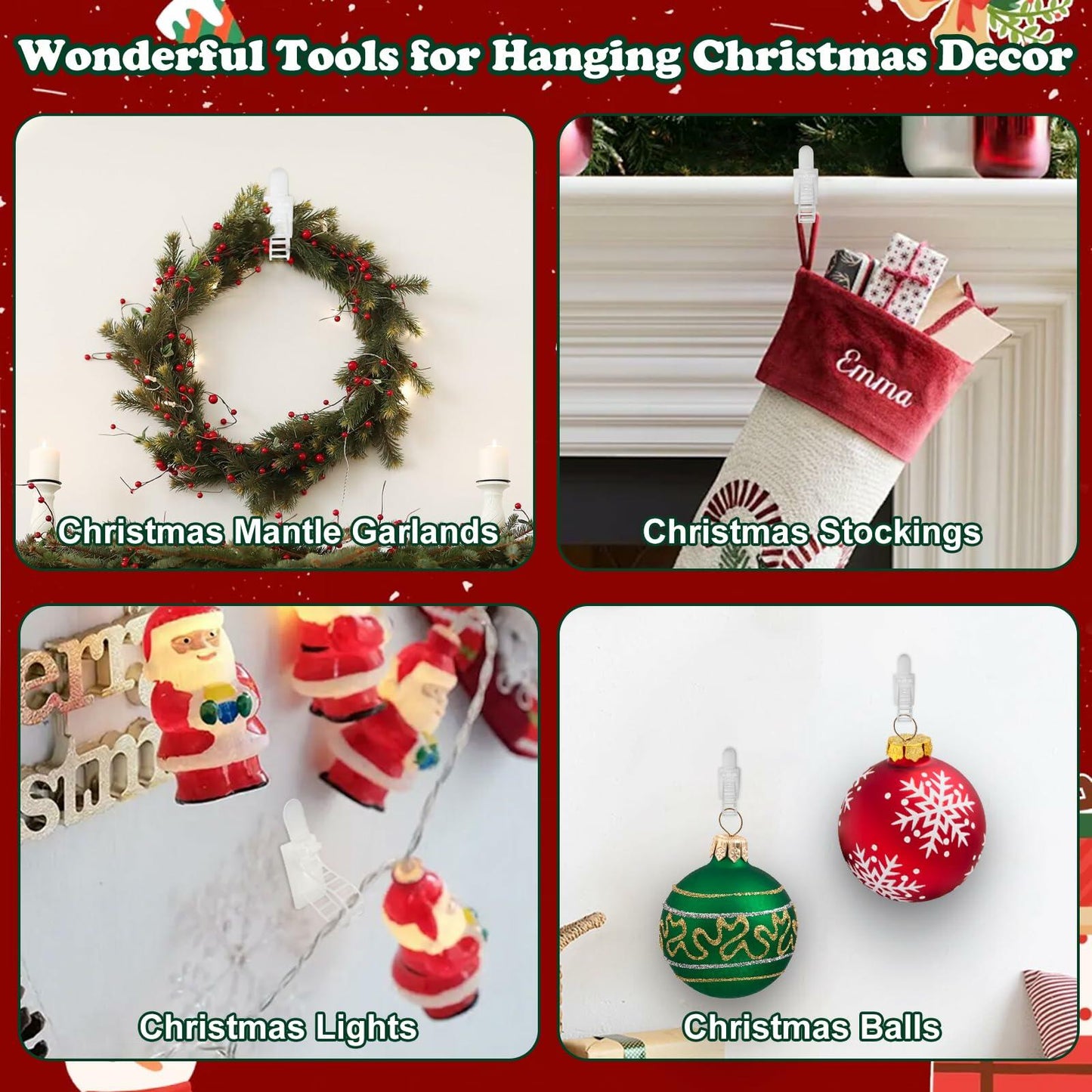 Ziolam 30 PCS Christmas Garland Hangers Adhesive Straps Reusable Stretchable