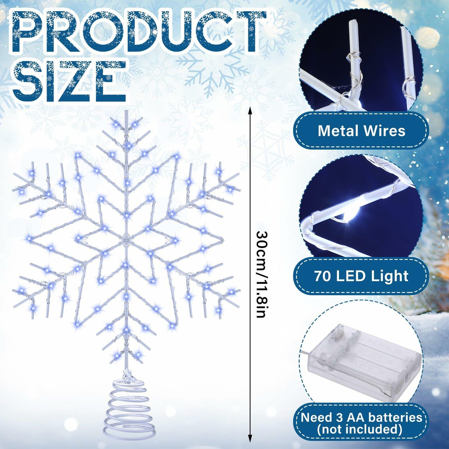 VIHOSE 12" Lighted Snowflake Tree Topper Metal Battery Operated Xmas Decor