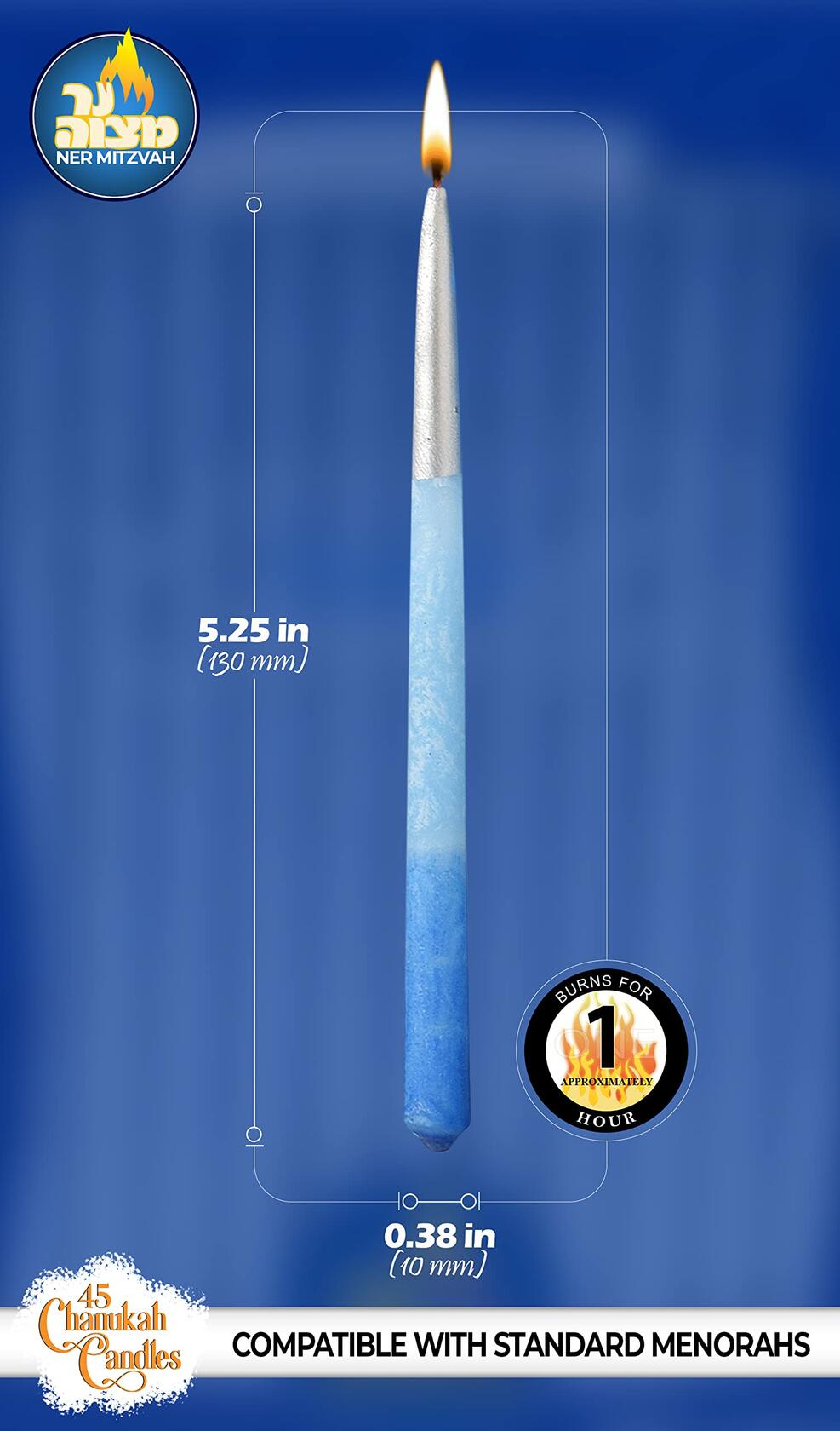 Ner Mitzvah 45-Count Ombre Blue & Silver Dripless Hanukkah Candles Premium Wax