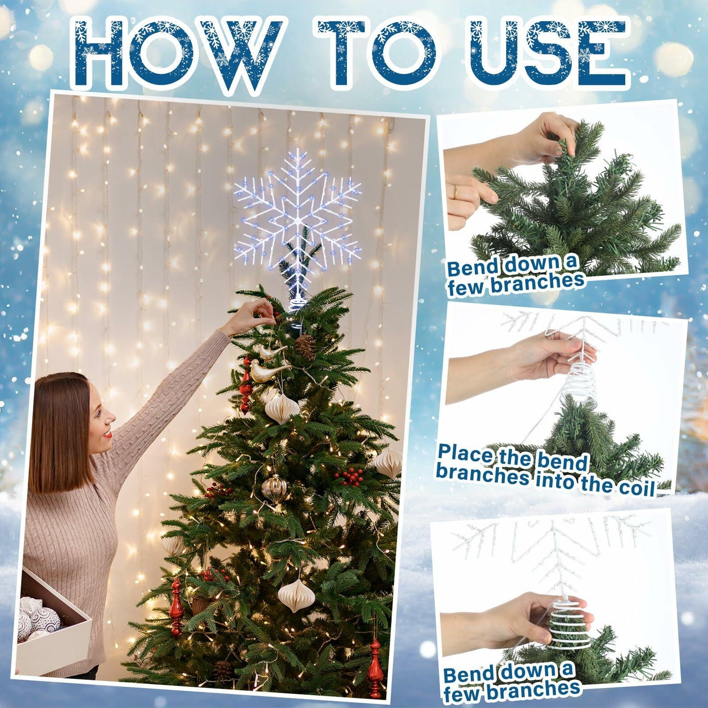 VIHOSE 12" Lighted Snowflake Tree Topper Metal Battery Operated Xmas Decor